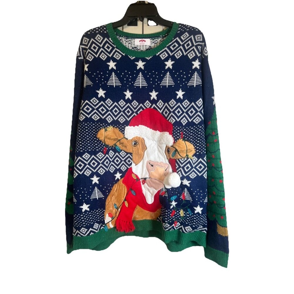 HOLIDAY TIME Ugly Christmas Cow Sweater Size XXL (50-52) With Working Lights